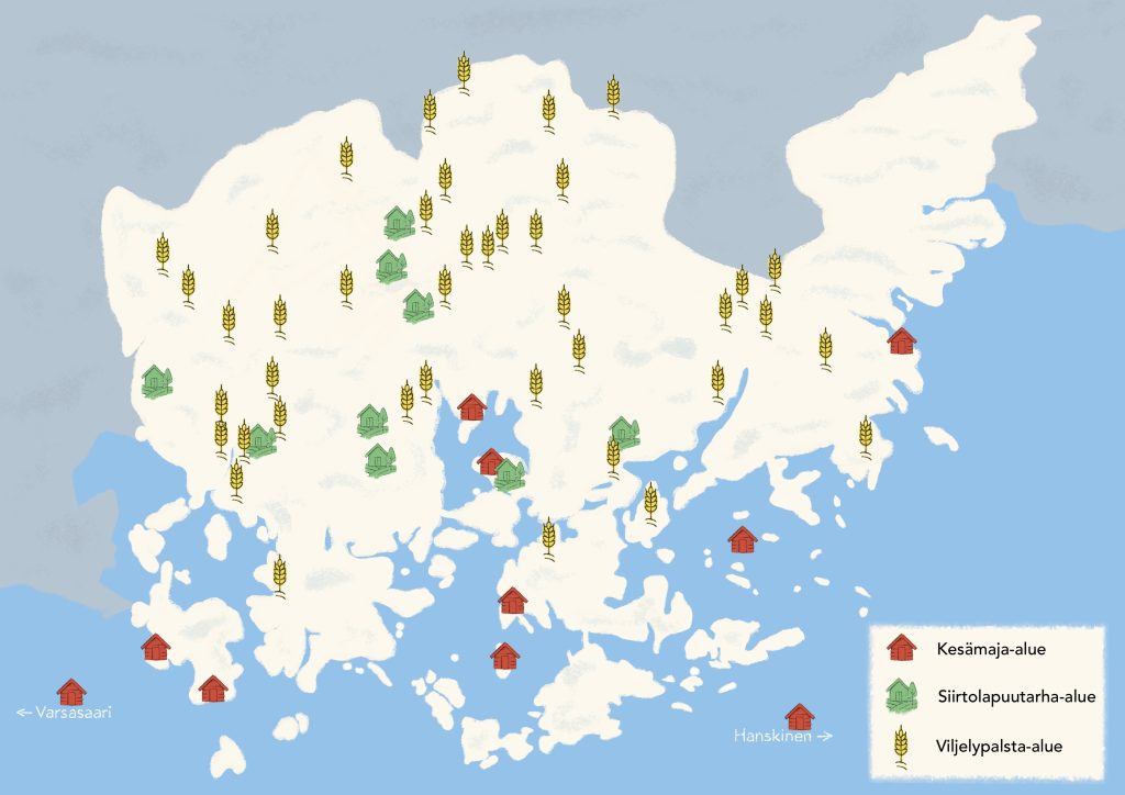Kartta kuvaa siirtolapuutarha-, kesämaja- ja viljelypalsta-alueiden määrää ja jakautumista Helsingissä.